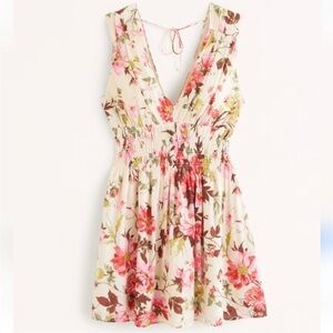 Abercombie & Fitch Smocked Plunge Sleeveless Dress Sz Large Pink Floral V Neck